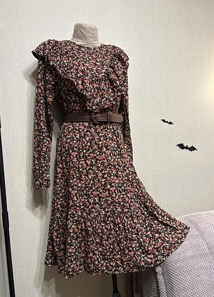 Осіння квіткова сукня вінтаж стиль міді ретро стиль довгий рукав