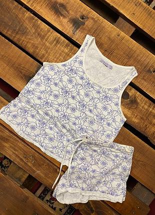 Женская хлопковая пижама в цветочный принт с кружевом john lewis (джон льюис срр оригинал бело-фиолетовая)