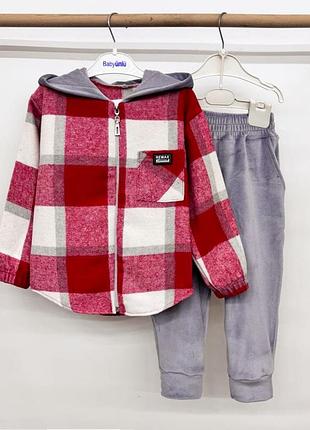 Детский красно-серый костюм в клетку 🔹 кашемир + велюр утепленный 🔹 цена зависит от размера