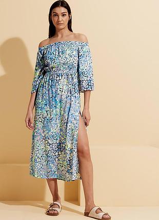 🥰 міді сукня в квітковий принт з поясом m&s нюанс віскоза