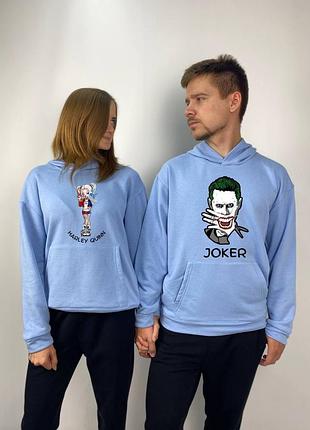 Парные худи с капюшоном без флиса, голубой, принт "harley quinn/joker" (456)