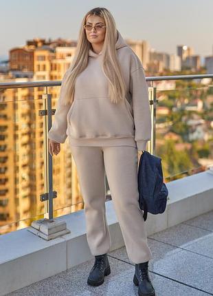 Зимові теплі спортивні штани джоггери жіночі з щільного футер пеньє трьохнитки з начісом 40-62 бежеві