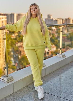 Зимові теплі спортивні штани джоггери жіночі з щільного футер пеньє трьохнитки з начісом 40-62 жовті