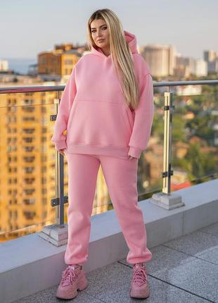 Зимові теплі спортивні штани джоггери жіночі з щільного футер пеньє трьохнитки з начісом 40-62 рожеві