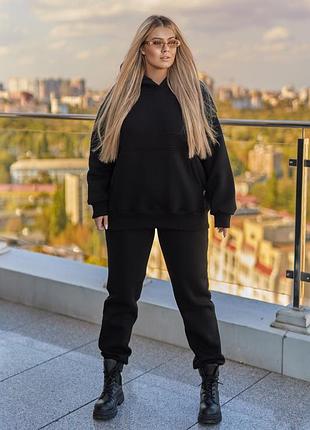 Зимові теплі спортивні штани джоггери жіночі з щільного футер пеньє трьохнитки з начісом 40-62 чорні