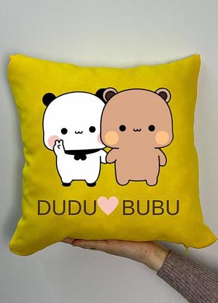 Подушка с принтом габардиновая дуда буба, желтая 35х35 (1153)