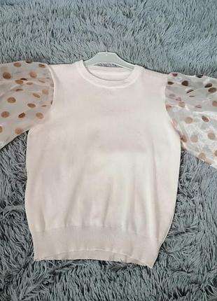 Блузотоп в'язка з пишними об'ємними рукавами горох та зав'язками