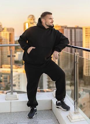 Зимові теплі спортивні штани джоггери чоловічі з щільного футер пеньє трьохнитки з начісом 40-62 чорні