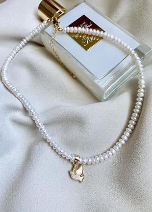 Трендове намисто з горлицею та натуральними перлами, позолота 18 к., ручна робота