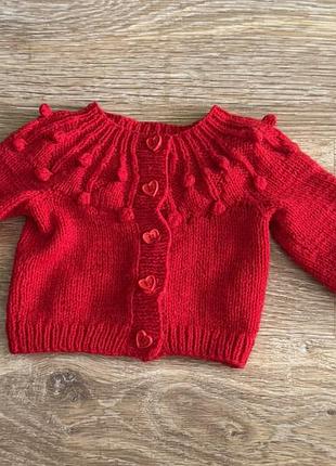 Гарна вязана кофтинка на дівчинку від 9-12 місяців, в червоному, кольорі