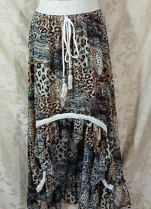 🇮🇹 итальянская макси-юбка с анималистичным пэчворк-принтом и бохо-деталями