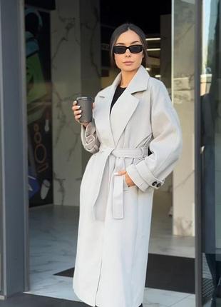 Демисезонное кашемировое длинное пальто на запах с поясом