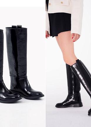 ▪️жіночі демісезонні чорні глянцеві лаковані лакові прямі чоботи танкетка жокейки жокейські натуральна шкіра осінь зима женские черные сапоги трубы