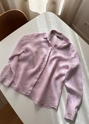 Льняна рожева сорочка zara у тонку смужку розмір m 10 рубашка