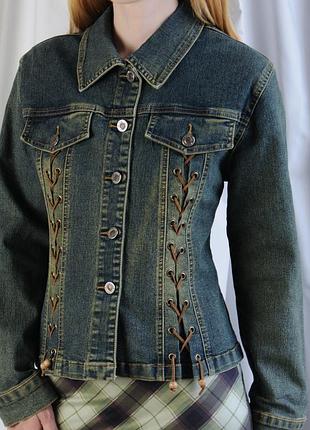 Куртка джинсова с завʼязками джинсовка джинсівка зелена денім піджак жакет вінтаж вінтажна шнурівка ретро вестерн