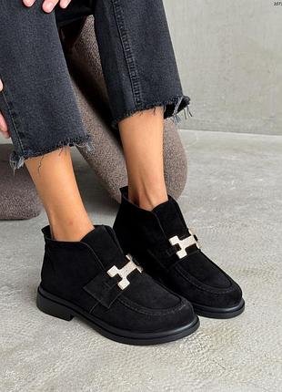 Женские демисезонные зимние высокие лоферы натуральная замша черные, замшевые ботинки на байке меху 10714