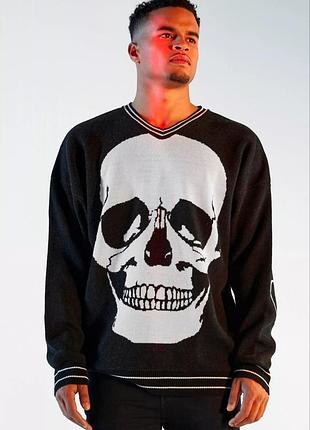 В'язаний джемпер вільного крою з v-образним вирізом і принтом черепа