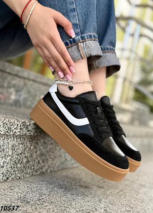 Натуральні шкіряні та замшеві чорні кеди - кросівки на високій підошві