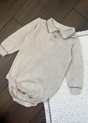 Сірий бежевий вʼязаний  боді довгий рукав з комірцем для хлопчика 6-9 міс 74 см осінь зима