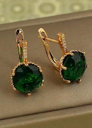 Сережки xuping jewelry з великим зеленим каменем шестигранна оправа 2 см золотисті