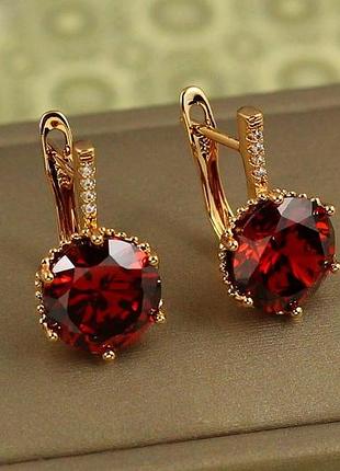 Сережки xuping jewelry з великим червоним каменем шестигранна оправа 2 см золотисті