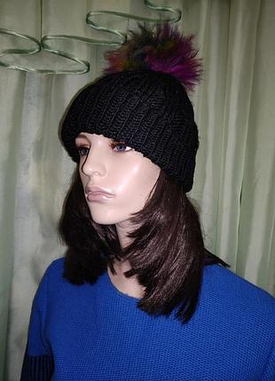 Шапка женская вязаная ( польша), с помпоном цвета "градиент", one size.