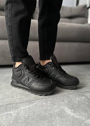 Кросівки теплі унісекс new balance 574 high black leather (хутро)