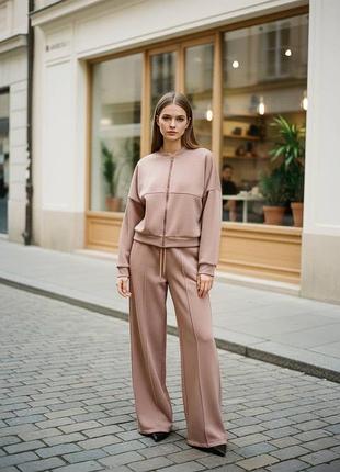 Жіночий теплий костюм на флісі бомбер на замку і штани палаццо