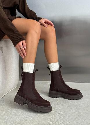 Premium! женские замшевые коричневые ботинки демисезонные деми ботинки на байке натуральная