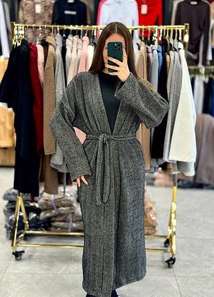 Трендовый длинный женский кардиган с поясом и карманами