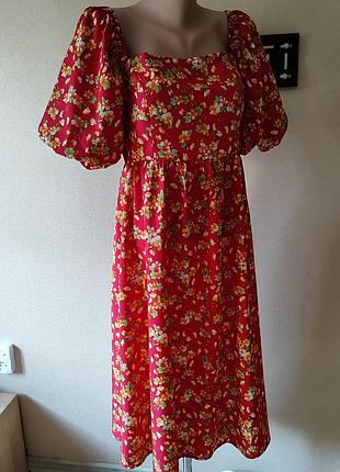 Шикарное красное платье в цветочный принт с пышными рукавами d.anna