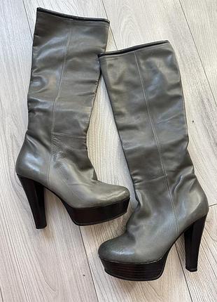 Чоботи шкіра на підборах сірі натуральні демісезон