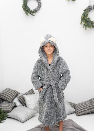 🩵 серый махровый халат для мальчика с ушками