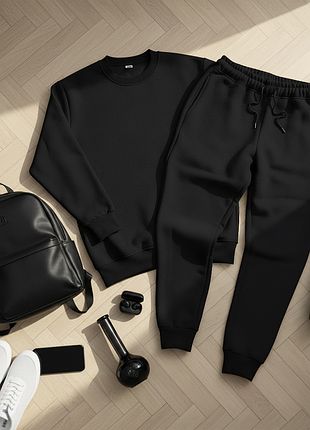 Теплый базовый однотонный костюм свитшот и штаны на флисе кофта без капюшона джоггеры унисекс парни мужской женской осенний зимний весенний спортивный