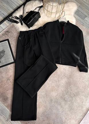 Женский брючный костюм теплый трехнить на флисе палаццо с бомбером