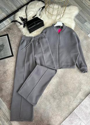 Женский брючный костюм теплый трехнить на флисе палаццо с бомбером