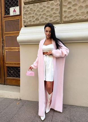 Женский теплый длинный пушистый кардиган травка на запах розовый пудровый