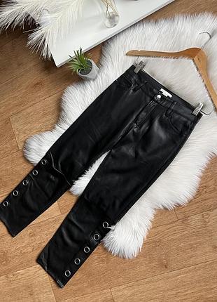 H&m еко шкіра шкіряні кожані якісні чорні утеплені на флісі штани брюки висока посадка матові