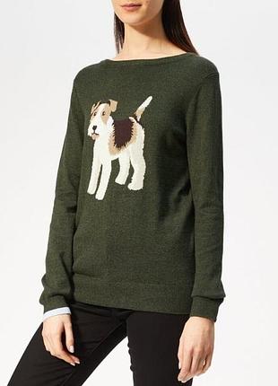 Joules джемпер с собакой пёс фокстерьер пёсик хаки с животным узором свитерок хлопок вязанный