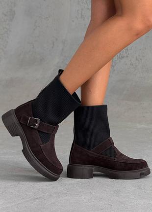 В наявності та під замовлення демісезонні -черевики панчохи натур замш + вʼязка рубчик шоколад / коричневий 36-41р