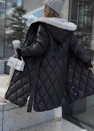 Куртка стьобана пальто зимова плащівка лаке з хутром  пудрова чорна шоколадна