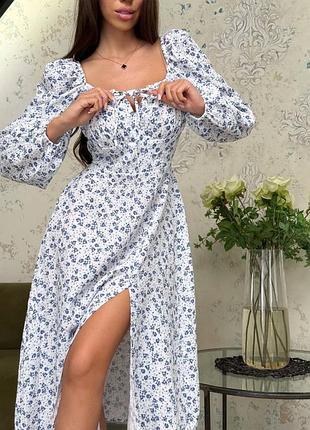 Вишукана муслінова сукня з квітами приталена із завʼязкою на грудях рукава ліхтарики з розрізом на нозі та резинкою по спині