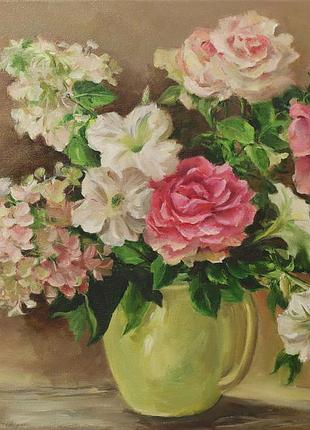 Картина маслом "пневый букет" 35х40 см, полотно на подрамнике, масло. васильковая алла