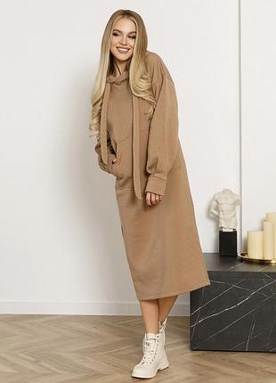 Сукня толстовка утеплена на флісі міді зелена бежева чорні бузкова синя