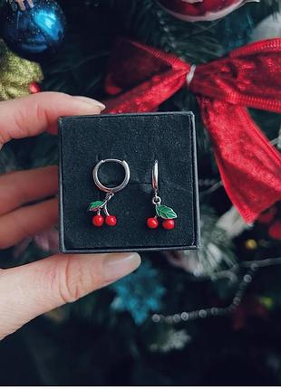 Срібні сережки вишеньки з емаллю 925