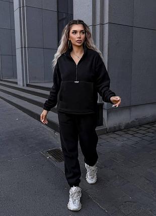Костюм женский флисовый спортивный комплект кофта флиска худи штаны джоггеры тёплый двойка черный