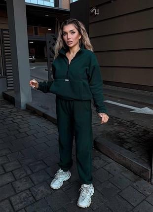 Костюм женский флисовый спортивный комплект кофта флиска худи штаны джоггеры тёплый двойка изумрудный
