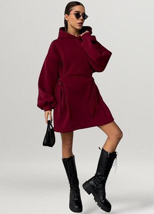 Худи платье утепленное оверсайз с капюшоном спортивная туника женская удлиненная теплая бордовый марсала