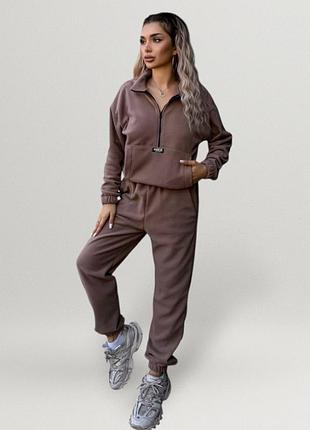 Костюм женский флисовый спортивный комплект кофта флиска худи штаны джоггеры теплый двойка мокко