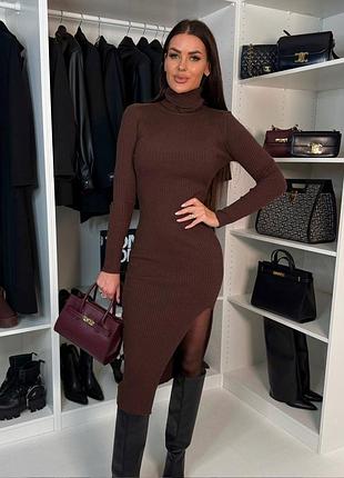 Класична сукня-гольф з довгим рукавом високим горлом та розрізом на нозі обтягуюча